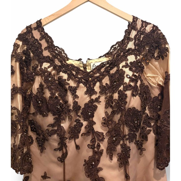 Vintage Jovani Evening Gown US Women's M/L Brown Tan Beaded Lace Mother of Bride - Picture 6 of 16